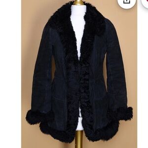 100% Real Suede Jacket with Sheepskin Fur Trim Shearling Coat